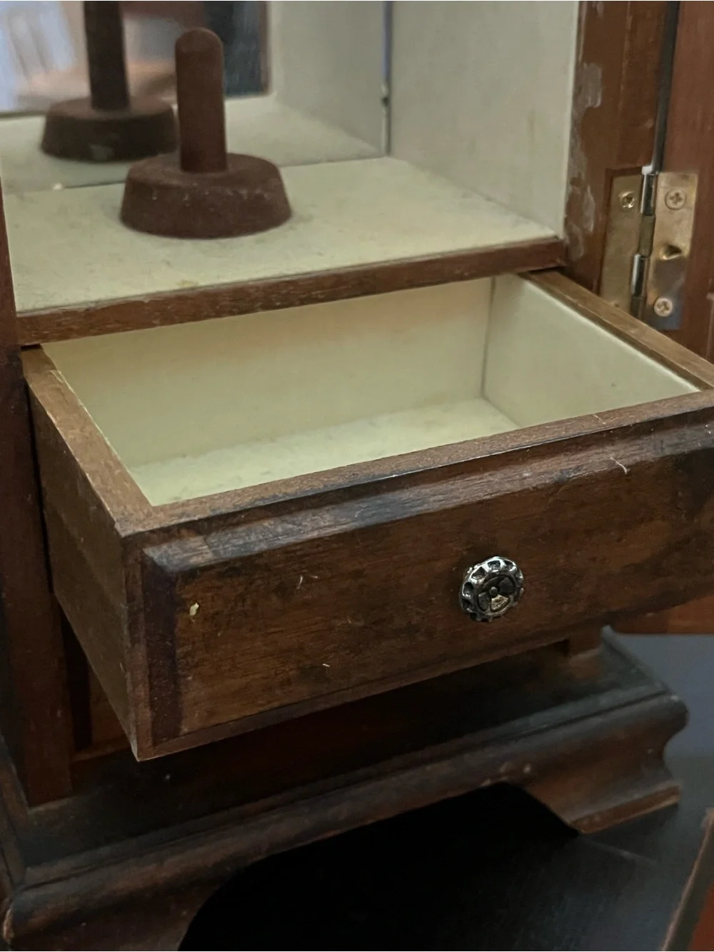 Vintage Wooden Jewelry Cabinet with Floral Inlay - Dark Brown